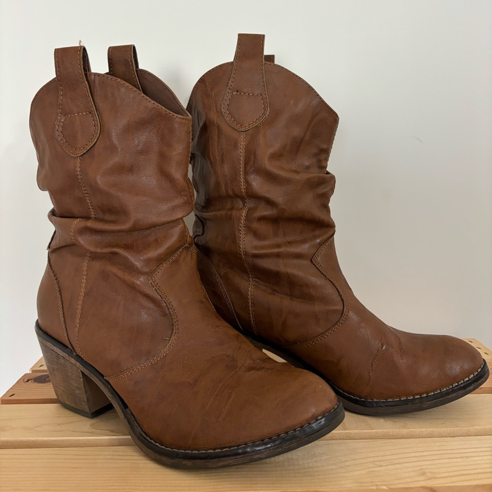 Xappeal Brooks Brown Western Mid Calf Cowgirl Block Heel Boots Size 9